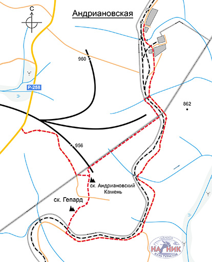 Схема маршрута на скальники Андриановский Камень и Гепард