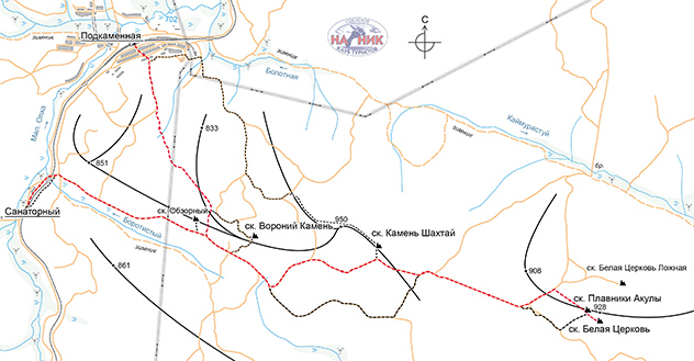 Схема маршрута на скальники Плавники Акулы и Белая Церковь