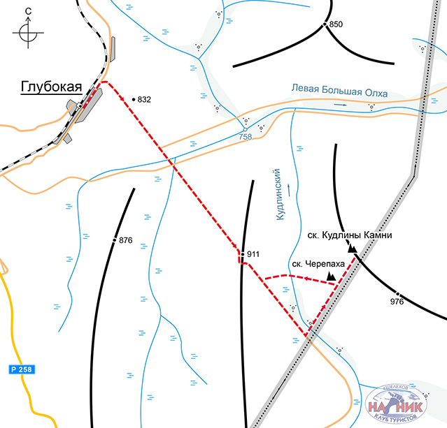 Схема маршрута (карта) на скальник Кудлины Камни