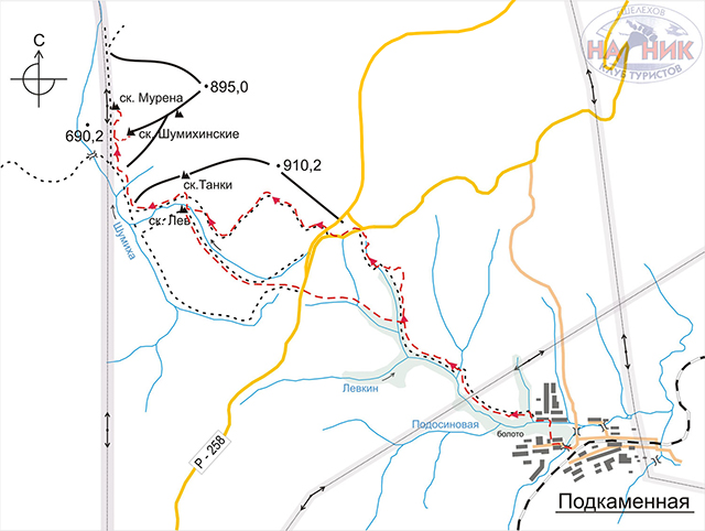 Схема маршрута до скальников Мурена и Шумихинские