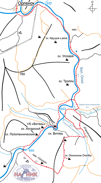 Схема маршрута на скальники Олхинские Столбы и Витязь
