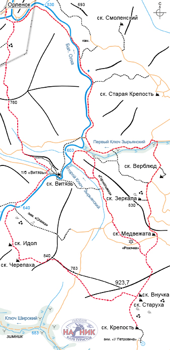 Схема маршрута на скальники Старуха и Крепость