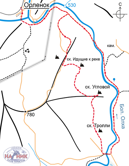 Схема маршрута на скальники Идущие к реке, Угловой и Тролли