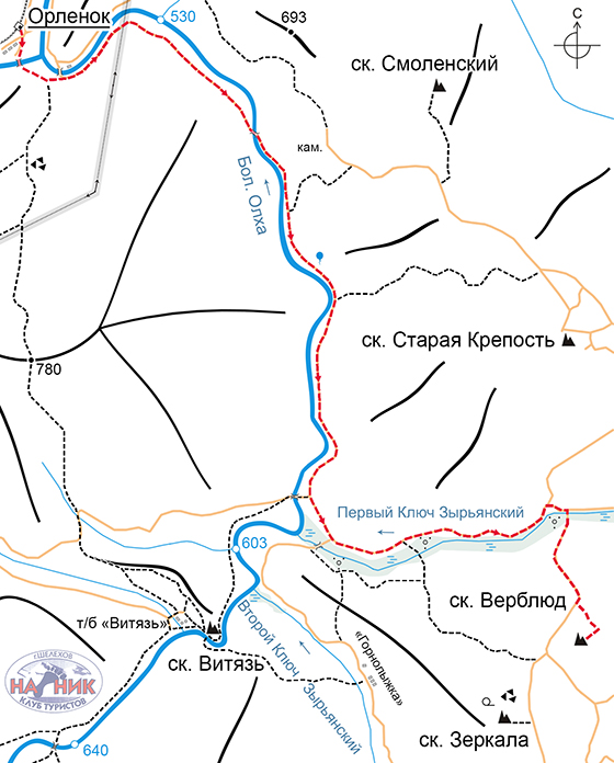 Схема маршрута на скальник Верблюд