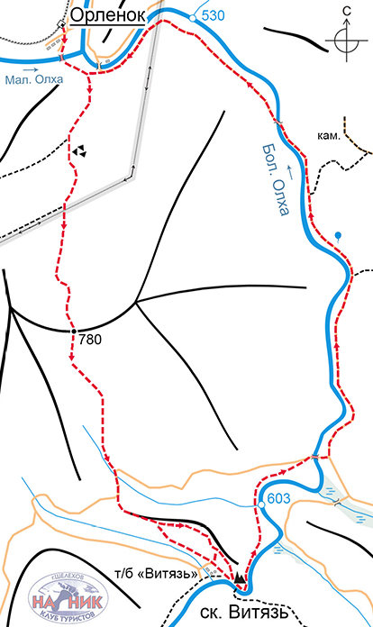 Схема маршрута на скальник Витязь