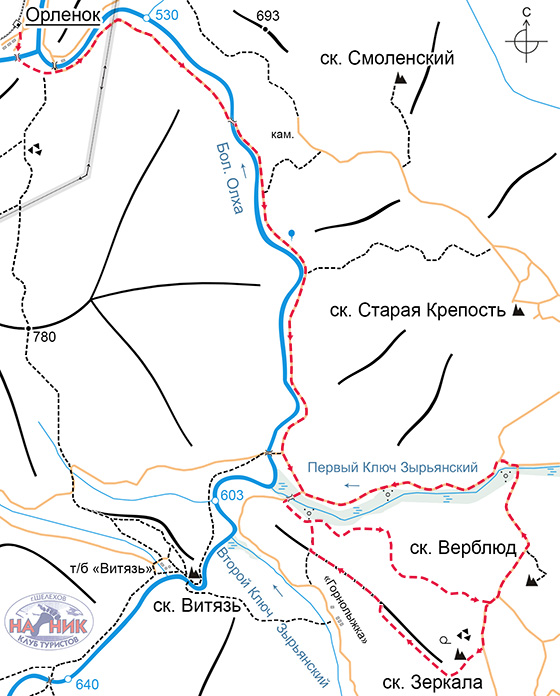 Схема маршрута на скальник Зеркала