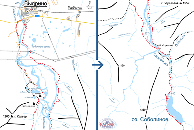 Схема маршрута на Соболиное озеро