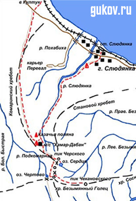 Схема маршрута на пик Черского, озеро Сердце, водопады на Подкомарной