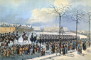Декабристы на Сенатской площади 14 декабря 1825 года. Живописец-акварелист К.И. Кольман, рисунок из кабинета графа Бенкендорфа в Фалле.