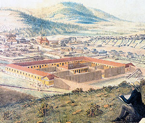 Общий вид Петровского завода. <br>Акварель Н.А. Бестужева, 1834 г.