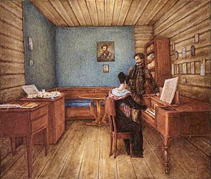 Камера Волконских в Петровской тюрьме. Акварель Н.А. Бестужева, 1830 г.