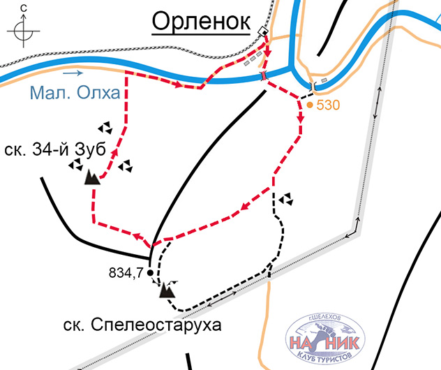 Схема маршрута (карта) на скальник 34-й Зуб