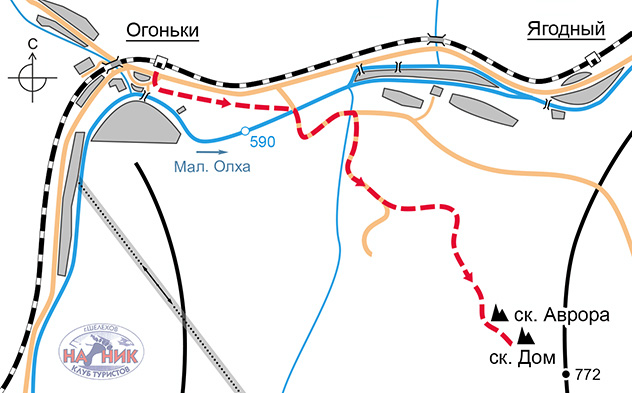 Схема маршрута (карта) на скальники Аврора и Дом