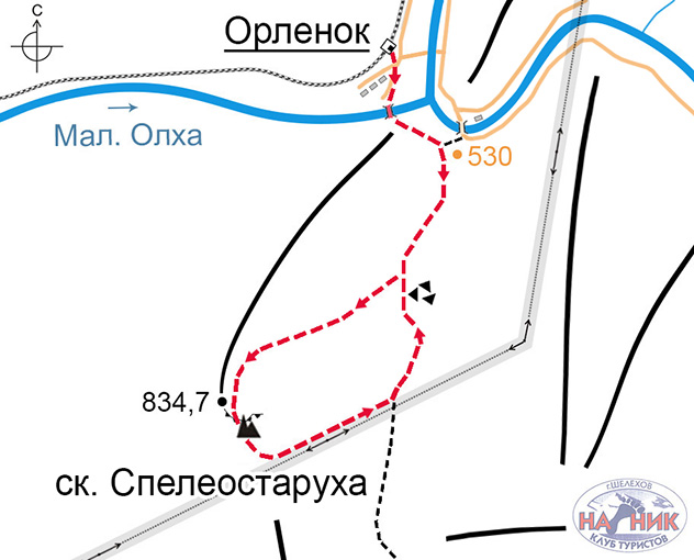 Схема маршрута (карта) до скальника Спелеостаруха